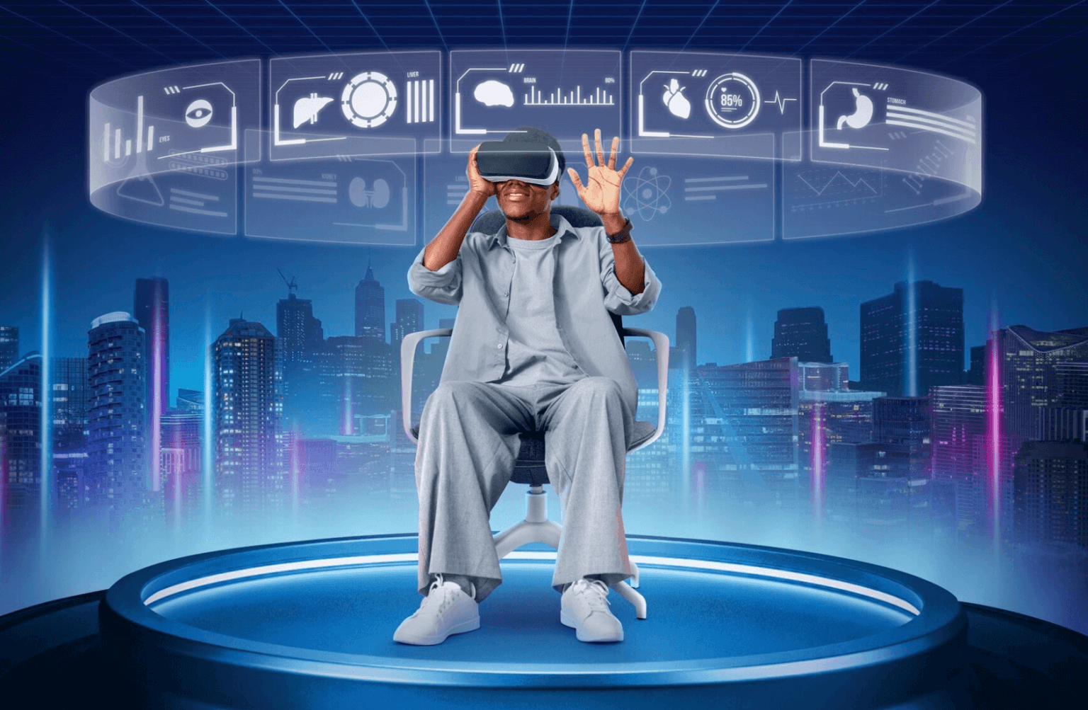 Person in VR headset gesturing, with futuristic holographic displays, against a cityscape background.