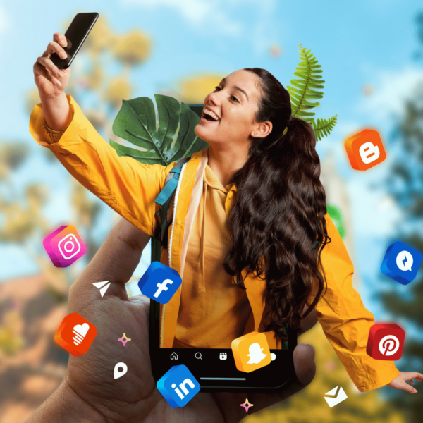 Person in a yellow jacket taking a selfie, surrounded by social media icons.