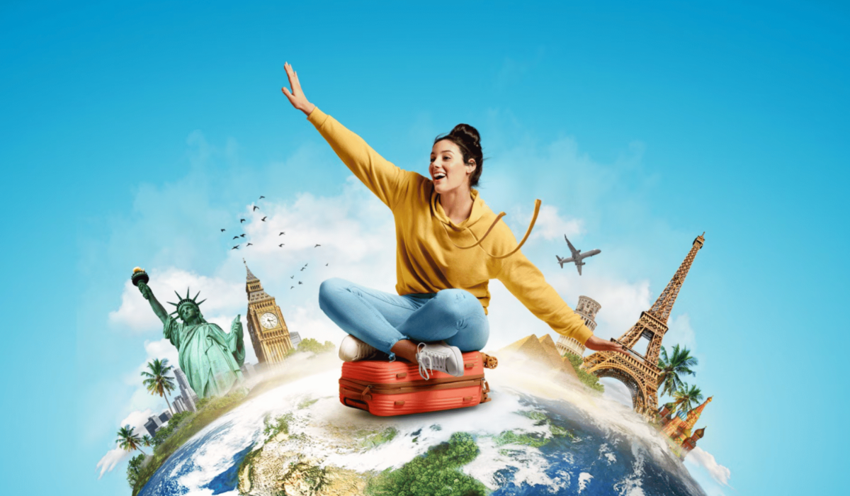 Person sitting on a suitcase on top of Earth with iconic landmarks and an airplane in the background. Travel with the genx media