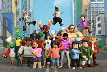 A diverse group of Roblox avatars posing together in a cityscape.